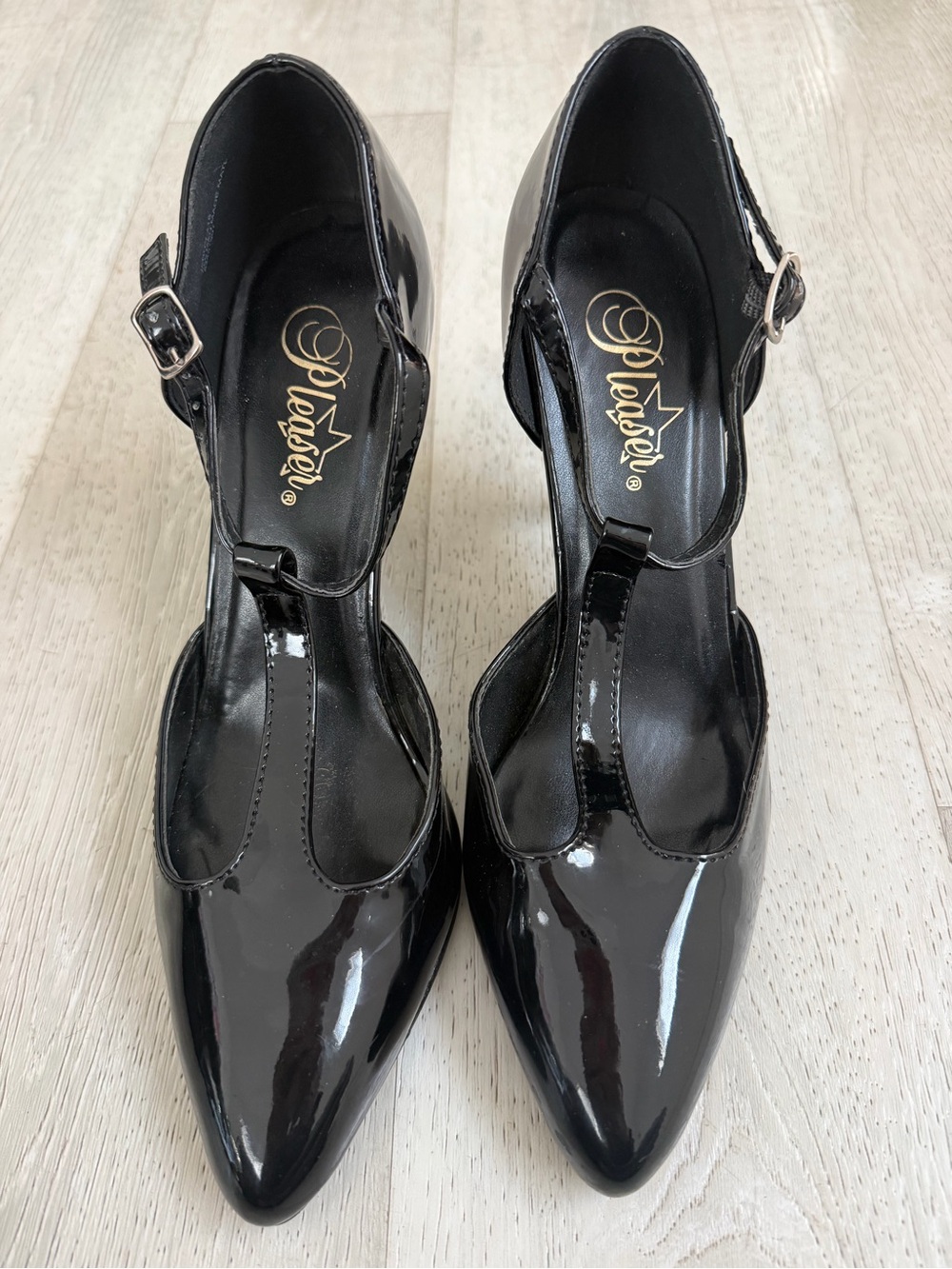 Pleaser Black Patent T-Strap Pointed Pumps